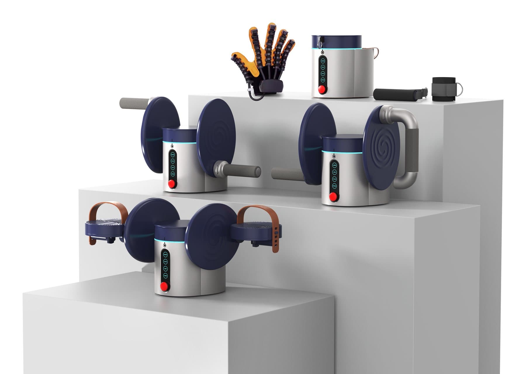 The Ryzback device range with interchangeable handles, pedals and a rehab glove