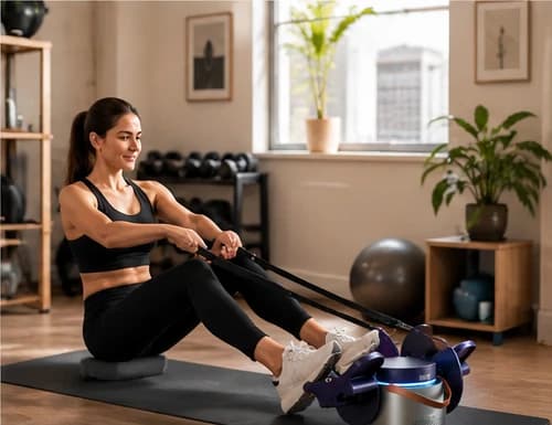 A woman doing a resistance-band row with the Ryzback device in her home gym
