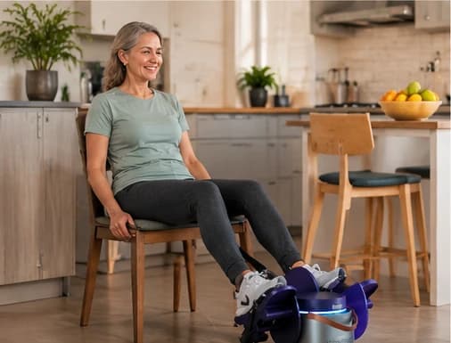 A smiling older woman exercising on the Ryzback device at her kitchen table