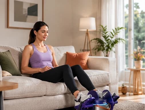 A woman doing a seated leg session on the Ryzback device in her living room