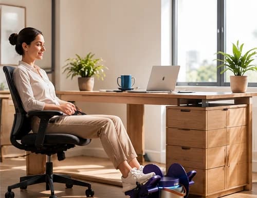 A woman using the Ryzback device under her desk while working from home