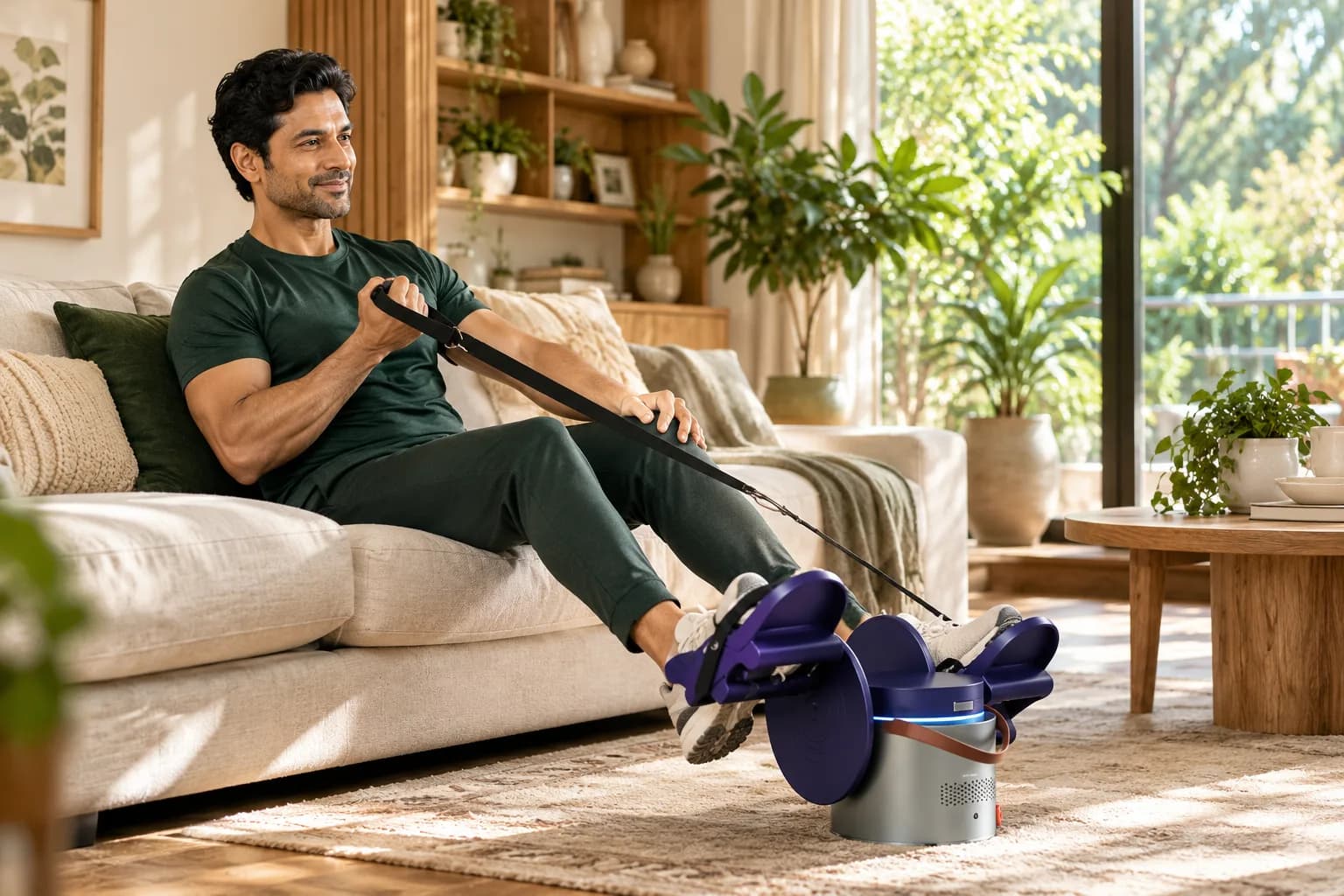 A man doing a resistance-band workout with the Ryzback device at home