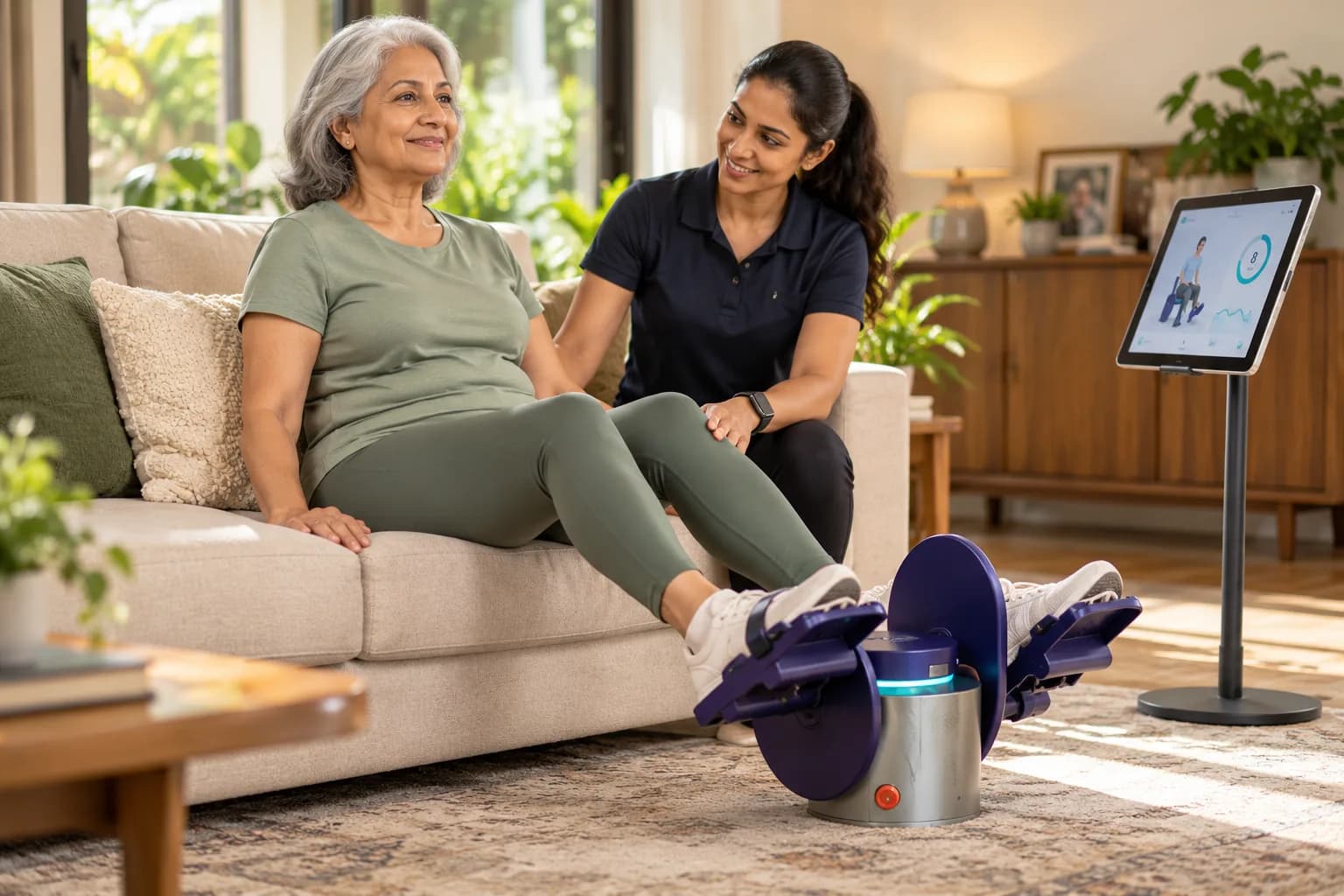 An older woman exercising on the Ryzback device with her physiotherapist