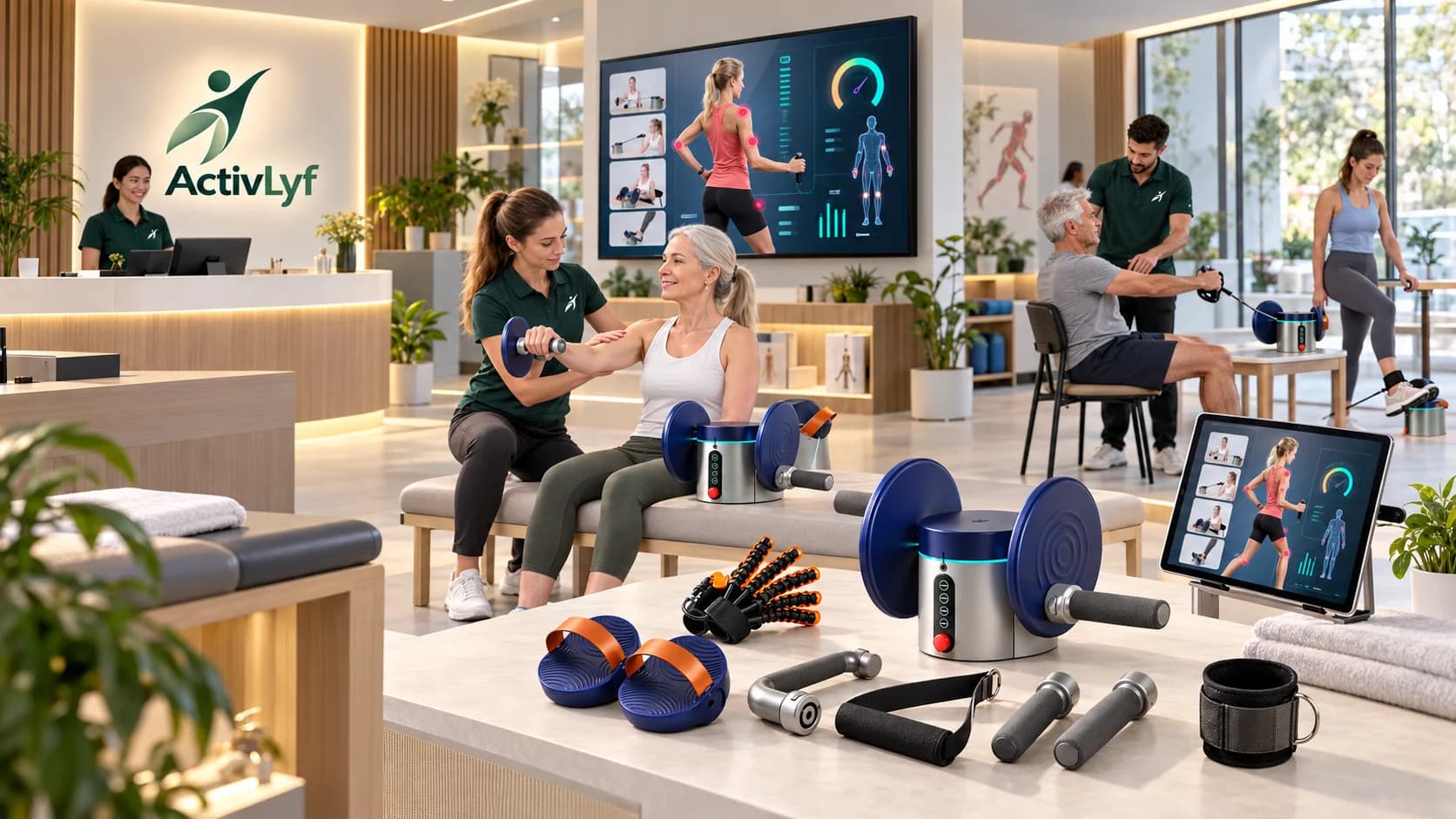 An Ryzback partner centre with physiotherapists guiding clients on the device and its attachments